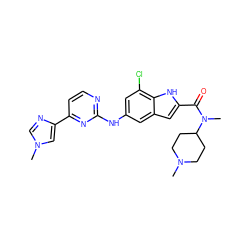 CN1CCC(N(C)C(=O)c2cc3cc(Nc4nccc(-c5cn(C)cn5)n4)cc(Cl)c3[nH]2)CC1 ZINC000222323619