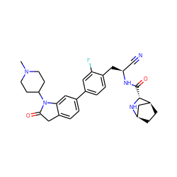 CN1CCC(N2C(=O)Cc3ccc(-c4ccc(C[C@@H](C#N)NC(=O)[C@H]5N[C@@H]6CC[C@H]5C6)c(F)c4)cc32)CC1 ZINC000219322551