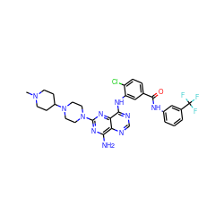 CN1CCC(N2CCN(c3nc(N)c4ncnc(Nc5cc(C(=O)Nc6cccc(C(F)(F)F)c6)ccc5Cl)c4n3)CC2)CC1 ZINC000165254957
