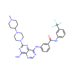 CN1CCC(N2CCN(c3nc(N)c4ncnc(Nc5cccc(C(=O)Nc6cccc(C(F)(F)F)c6)c5)c4n3)CC2)CC1 ZINC000148033711