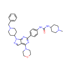 CN1CCC(NC(=O)Nc2ccc(-c3nc(N4CCOCC4)c4cnn(C5CCN(Cc6ccccc6)CC5)c4n3)cc2)CC1 ZINC000049784926