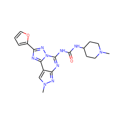 CN1CCC(NC(=O)Nc2nc3nn(C)cc3c3nc(-c4ccco4)nn23)CC1 ZINC000084688252