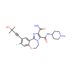 CN1CCC(NC(=O)c2c(C(N)=O)nc3n2CCOc2cc(F)c(C#CC(C)(C)O)cc2-3)CC1 ZINC000215744234