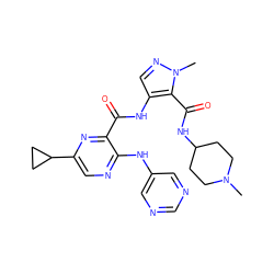 CN1CCC(NC(=O)c2c(NC(=O)c3nc(C4CC4)cnc3Nc3cncnc3)cnn2C)CC1 ZINC000169701861