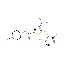 CN1CCC(NC(=O)c2cc([N+](=O)[O-])c(Sc3c(Cl)cccc3Cl)s2)CC1 ZINC000095576732