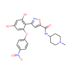 CN1CCC(NC(=O)c2cc(-c3c(O)cc(O)cc3Oc3ccc([N+](=O)[O-])cc3)no2)CC1 ZINC000068247153