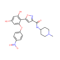 CN1CCC(NC(=O)c2cc(-c3c(O)cc(O)cc3Oc3ccc([N+](=O)[O-])cc3)on2)CC1 ZINC000095921417