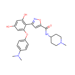 CN1CCC(NC(=O)c2cc(-c3c(O)cc(O)cc3Oc3ccc(N(C)C)cc3)no2)CC1 ZINC000068247152