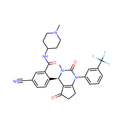 CN1CCC(NC(=O)c2cc(C#N)ccc2[C@@H]2C3=C(CCC3=O)N(c3cccc(C(F)(F)F)c3)C(=O)N2C)CC1 ZINC001772615292