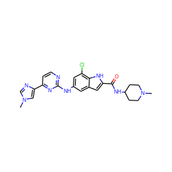 CN1CCC(NC(=O)c2cc3cc(Nc4nccc(-c5cn(C)cn5)n4)cc(Cl)c3[nH]2)CC1 ZINC000222323482