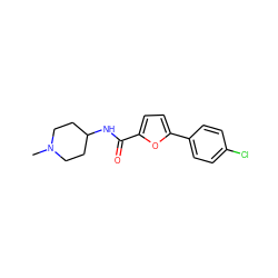 CN1CCC(NC(=O)c2ccc(-c3ccc(Cl)cc3)o2)CC1 ZINC000040464616