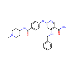 CN1CCC(NC(=O)c2ccc(Nc3cc(NCc4ccccc4)c(C(N)=O)cn3)cc2)CC1 ZINC001772650893