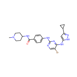 CN1CCC(NC(=O)c2ccc(Nc3ncc(Br)c(Nc4cc(C5CC5)n[nH]4)n3)cc2)CC1 ZINC000035836298