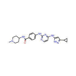 CN1CCC(NC(=O)c2ccc(Nc3nccc(Nc4cc(C5CC5)n[nH]4)n3)cc2)CC1 ZINC000169104970