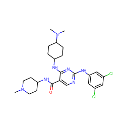 CN1CCC(NC(=O)c2cnc(Nc3cc(Cl)cc(Cl)c3)nc2NC2CCC(N(C)C)CC2)CC1 ZINC000095593559