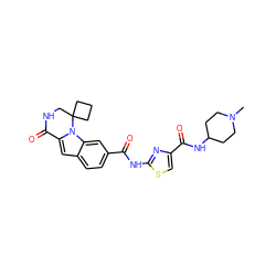 CN1CCC(NC(=O)c2csc(NC(=O)c3ccc4cc5n(c4c3)C3(CCC3)CNC5=O)n2)CC1 ZINC000029127778