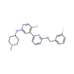 CN1CCC(Nc2cc(-c3cccc(NCc4cccc(F)c4)n3)c(Cl)cn2)CC1 ZINC000169703700