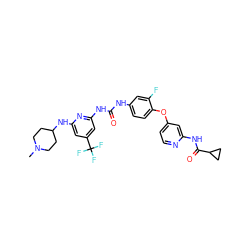 CN1CCC(Nc2cc(C(F)(F)F)cc(NC(=O)Nc3ccc(Oc4ccnc(NC(=O)C5CC5)c4)c(F)c3)n2)CC1 ZINC001772638964