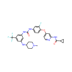 CN1CCC(Nc2cc(NC(=O)Nc3ccc(Oc4ccnc(NC(=O)C5CC5)c4)c(F)c3)cc(C(F)(F)F)c2)CC1 ZINC001772606969