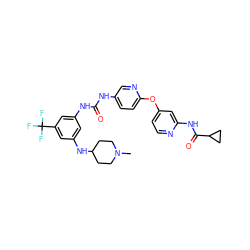 CN1CCC(Nc2cc(NC(=O)Nc3ccc(Oc4ccnc(NC(=O)C5CC5)c4)nc3)cc(C(F)(F)F)c2)CC1 ZINC001772652059