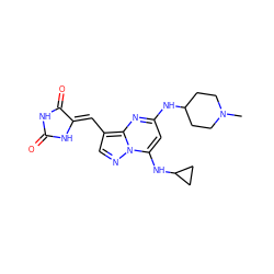 CN1CCC(Nc2cc(NC3CC3)n3ncc(/C=C4\NC(=O)NC4=O)c3n2)CC1 ZINC000205030145