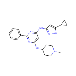 CN1CCC(Nc2cc(Nc3cc(C4CC4)[nH]n3)nc(-c3ccccc3)n2)CC1 ZINC000084635828