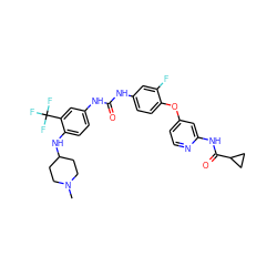 CN1CCC(Nc2ccc(NC(=O)Nc3ccc(Oc4ccnc(NC(=O)C5CC5)c4)c(F)c3)cc2C(F)(F)F)CC1 ZINC001772585739