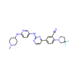 CN1CCC(Nc2ccc(Nc3nccc(-c4ccc(N5CCC(F)(F)C5)c(C#N)c4)n3)cn2)CC1 ZINC000143500499