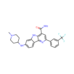 CN1CCC(Nc2ccc3c(c2)[nH]c2c(C(N)=O)cc(-c4cccc(C(F)(F)F)c4)nc23)CC1 ZINC000113205866