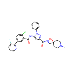 CN1CCC(O)(CNC(=O)c2cc(NC(=O)c3cc(-c4ncccc4F)ccc3Cl)n(-c3ccccc3)n2)CC1 ZINC001772606328