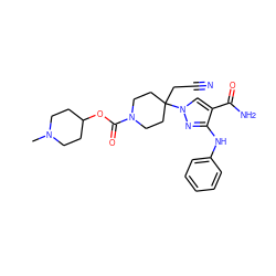 CN1CCC(OC(=O)N2CCC(CC#N)(n3cc(C(N)=O)c(Nc4ccccc4)n3)CC2)CC1 ZINC000222100304