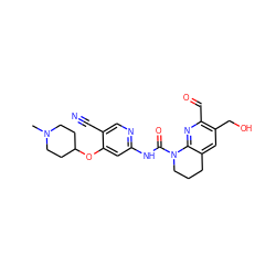 CN1CCC(Oc2cc(NC(=O)N3CCCc4cc(CO)c(C=O)nc43)ncc2C#N)CC1 ZINC001772644927