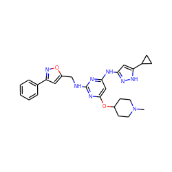 CN1CCC(Oc2cc(Nc3cc(C4CC4)[nH]n3)nc(NCc3cc(-c4ccccc4)no3)n2)CC1 ZINC000203007514