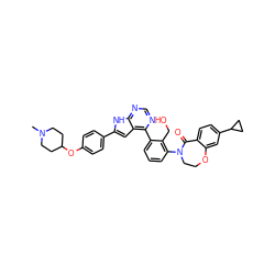 CN1CCC(Oc2ccc(-c3cc4c(-c5cccc(N6CCOc7cc(C8CC8)ccc7C6=O)c5CO)ncnc4[nH]3)cc2)CC1 ZINC000224758109