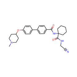 CN1CCC(Oc2ccc(-c3ccc(C(=O)NC4(C(=O)NCC#N)CCCCC4)cc3)cc2)CC1 ZINC000013676344