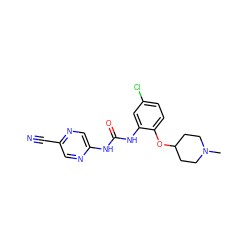 CN1CCC(Oc2ccc(Cl)cc2NC(=O)Nc2cnc(C#N)cn2)CC1 ZINC000013643223