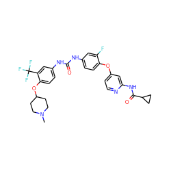 CN1CCC(Oc2ccc(NC(=O)Nc3ccc(Oc4ccnc(NC(=O)C5CC5)c4)c(F)c3)cc2C(F)(F)F)CC1 ZINC001772618218