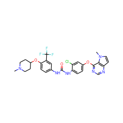 CN1CCC(Oc2ccc(NC(=O)Nc3ccc(Oc4ncnc5ccn(C)c45)cc3Cl)cc2C(F)(F)F)CC1 ZINC000064415684