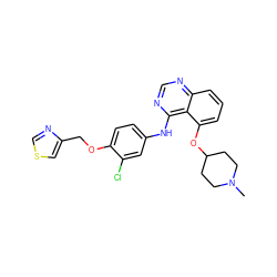 CN1CCC(Oc2cccc3ncnc(Nc4ccc(OCc5cscn5)c(Cl)c4)c23)CC1 ZINC000028522518