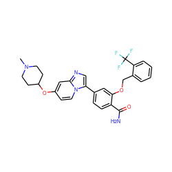 CN1CCC(Oc2ccn3c(-c4ccc(C(N)=O)c(OCc5ccccc5C(F)(F)F)c4)cnc3c2)CC1 ZINC001772586074