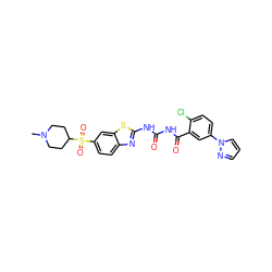 CN1CCC(S(=O)(=O)c2ccc3nc(NC(=O)NC(=O)c4cc(-n5cccn5)ccc4Cl)sc3c2)CC1 ZINC000117107956