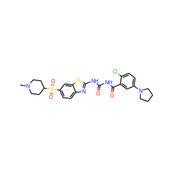 CN1CCC(S(=O)(=O)c2ccc3nc(NC(=O)NC(=O)c4cc(N5CCCC5)ccc4Cl)sc3c2)CC1 ZINC000299827518