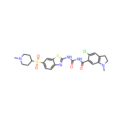 CN1CCC(S(=O)(=O)c2ccc3nc(NC(=O)NC(=O)c4cc5c(cc4Cl)CCN5C)sc3c2)CC1 ZINC000299830007