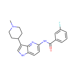 CN1CCC(c2c[nH]c3ccc(NC(=O)c4cccc(F)c4)nc23)CC1 ZINC000013523654