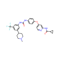 CN1CCC(c2cc(NC(=O)Nc3ccc(Oc4ccnc(NC(=O)C5CC5)c4)cc3)cc(C(F)(F)F)c2)CC1 ZINC001772587311