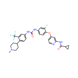 CN1CCC(c2ccc(NC(=O)Nc3ccc(Oc4ccnc(NC(=O)C5CC5)c4)c(F)c3)cc2C(F)(F)F)CC1 ZINC001772599060