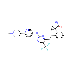 CN1CCC(c2ccc(Nc3ncc(C(F)(F)F)c(CCc4ccccc4C4(C(N)=O)CC4)n3)cn2)CC1 ZINC000211051355