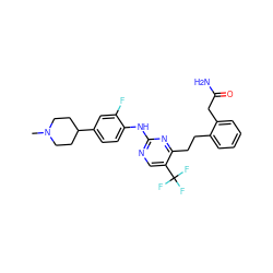 CN1CCC(c2ccc(Nc3ncc(C(F)(F)F)c(CCc4ccccc4CC(N)=O)n3)c(F)c2)CC1 ZINC000147807374