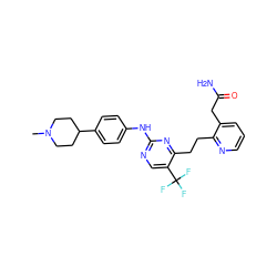 CN1CCC(c2ccc(Nc3ncc(C(F)(F)F)c(CCc4ncccc4CC(N)=O)n3)cc2)CC1 ZINC000147792328