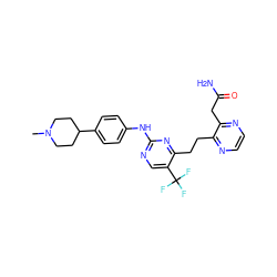 CN1CCC(c2ccc(Nc3ncc(C(F)(F)F)c(CCc4nccnc4CC(N)=O)n3)cc2)CC1 ZINC000201631243